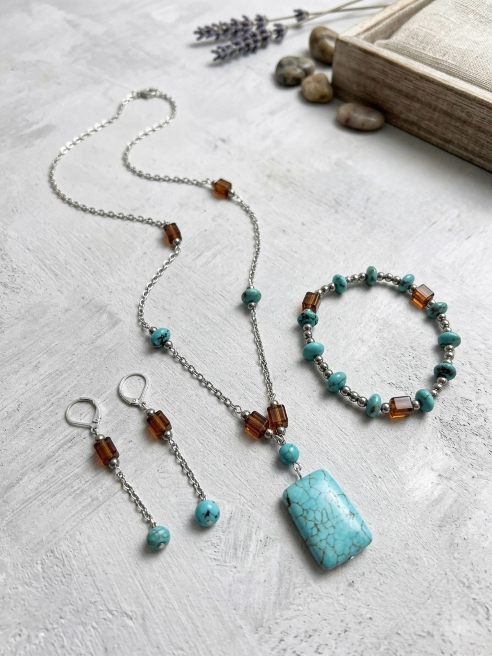 3pc Turquoise Stone Pendant Necklace Bracelet Earrings Set